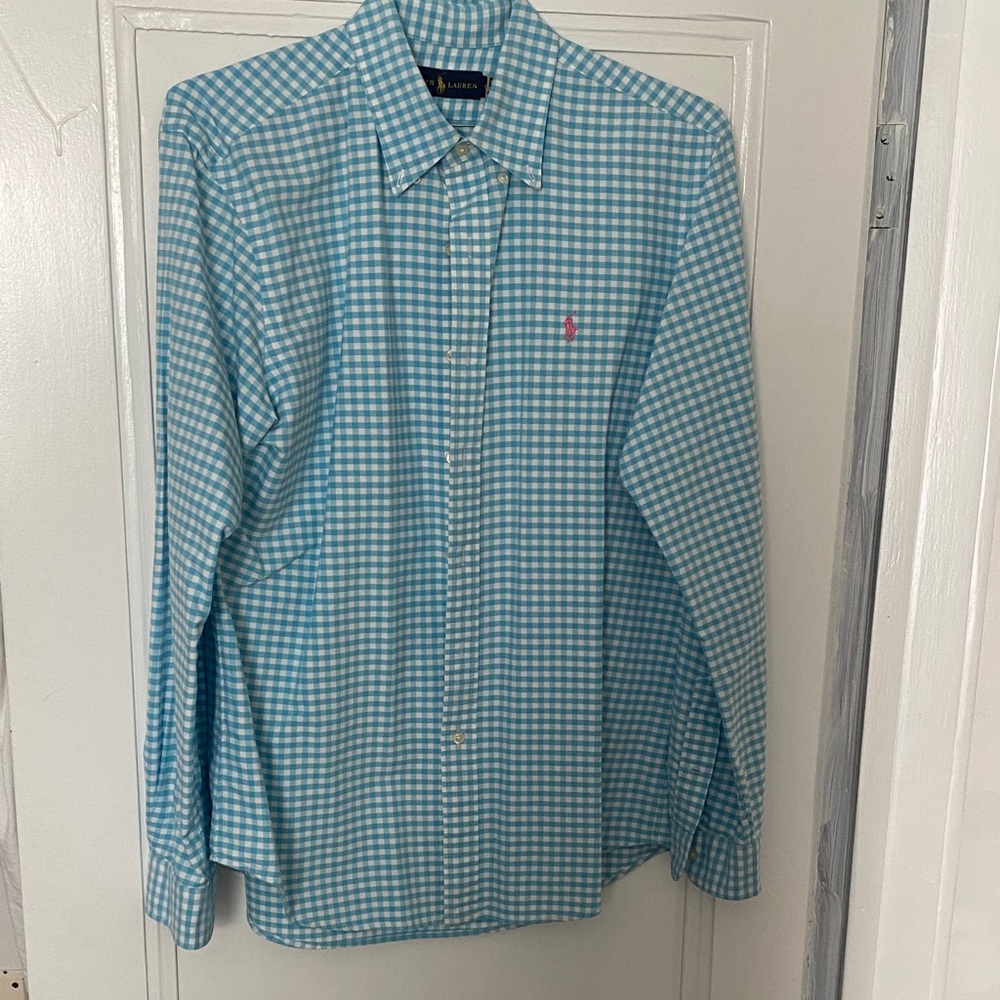 Ralph Lauren Men's Turquoise and White Gingham Shirt Large